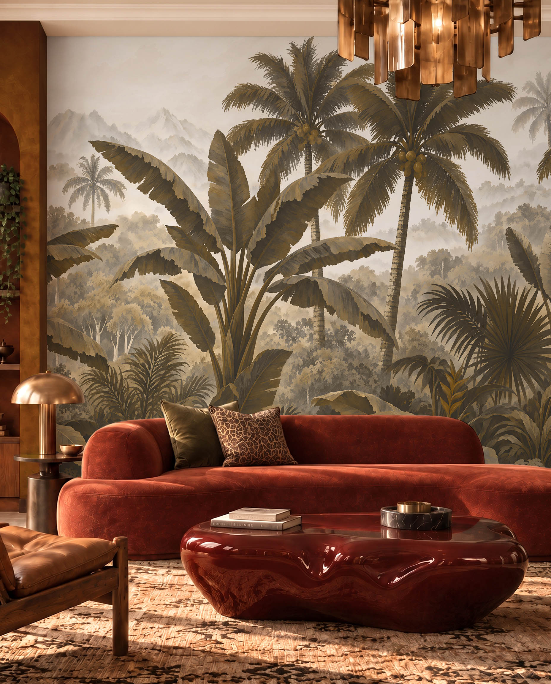 Emerald Horizon tropical jungle wallpaper mural in an elegant nature inspired interior 1