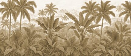 Emerald Horizon tropical jungle wallpaper mural with palm trees, banana leaves and misty mountains G