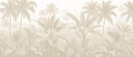 Emerald Horizon tropical jungle wallpaper mural with palm trees, banana leaves and misty mountains H