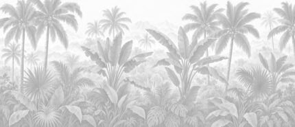 Emerald Horizon tropical jungle wallpaper mural with palm trees, banana leaves and misty mountains I
