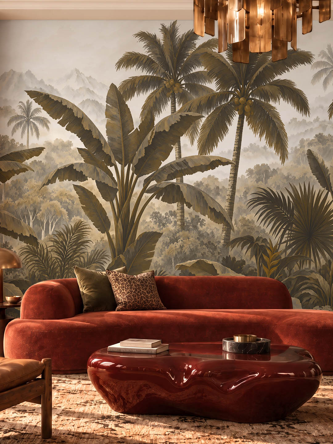 Emerald Horizon tropical jungle wallpaper with palm trees and lush greenery