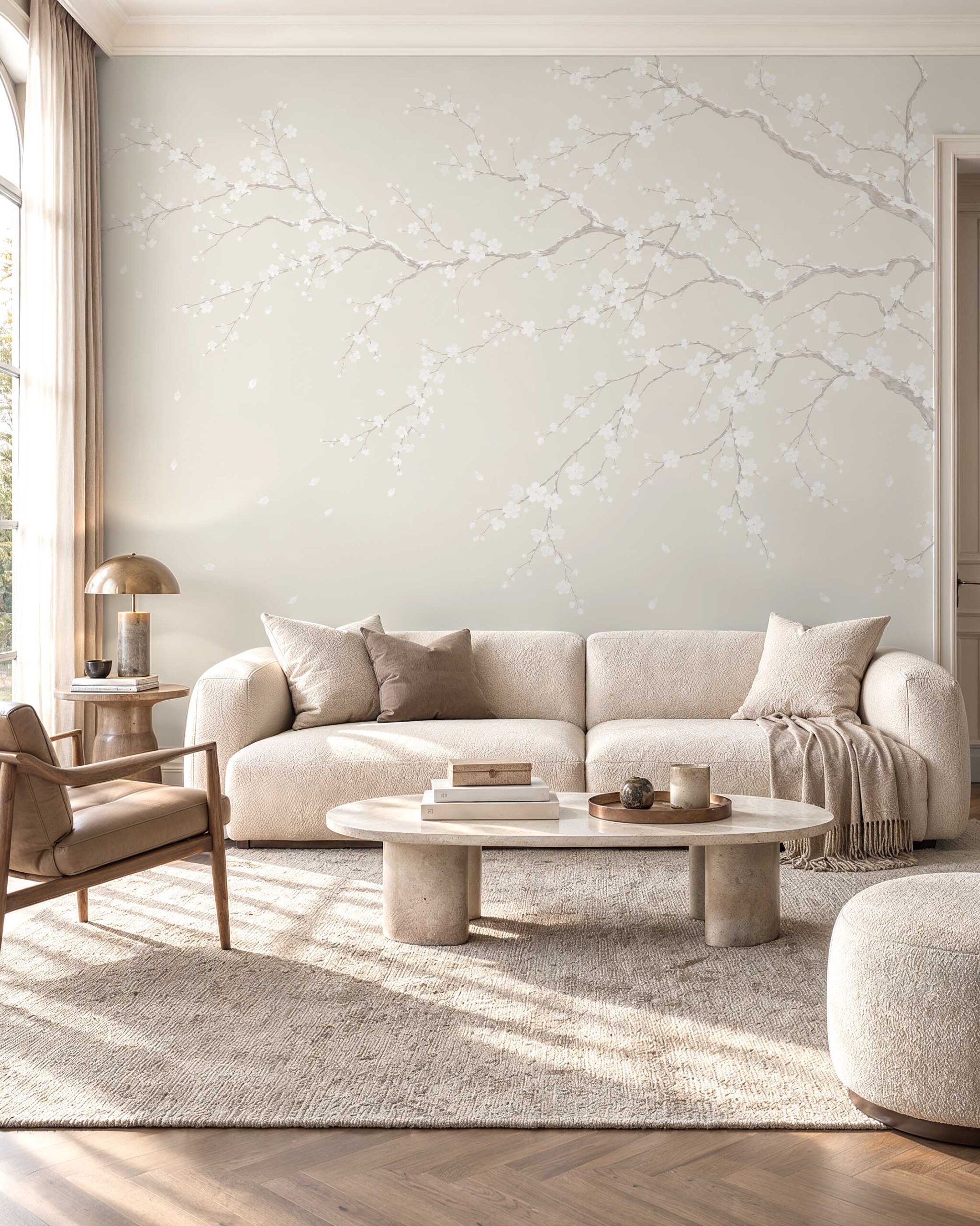 Ivory Sakura cherry blossom wallpaper mural in an elegant neutral interior1