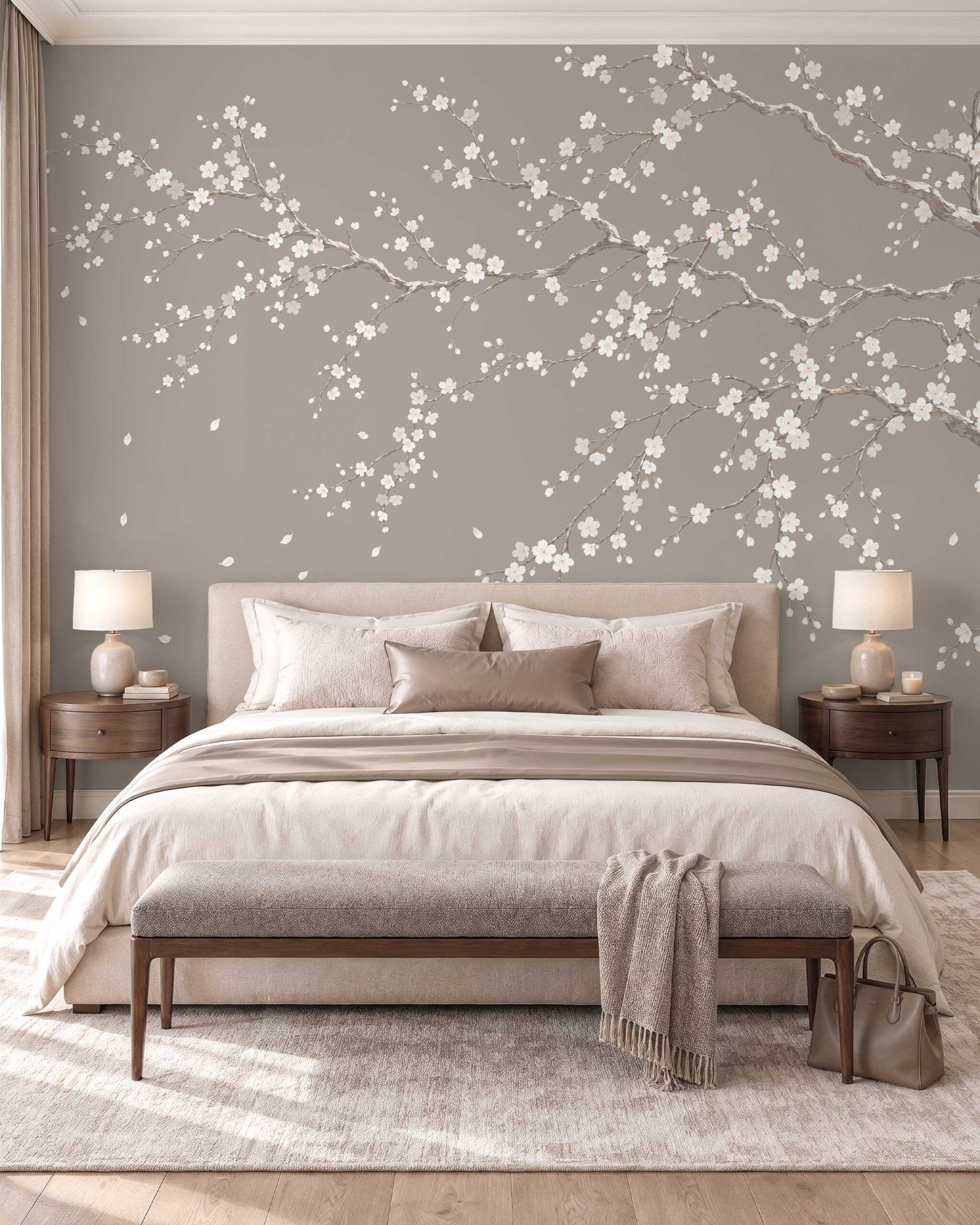 Ivory Sakura cherry blossom wallpaper mural in an elegant neutral interior2