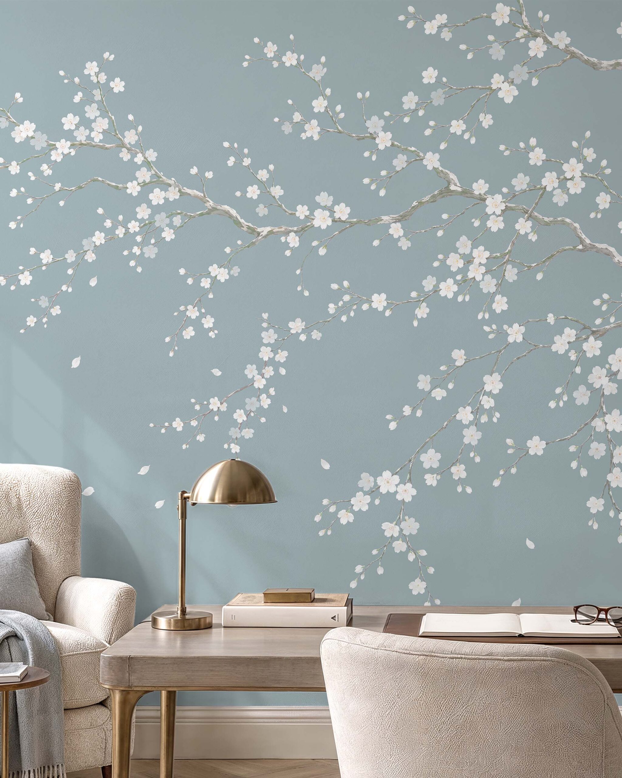 Ivory Sakura cherry blossom wallpaper mural in an elegant neutral interior3