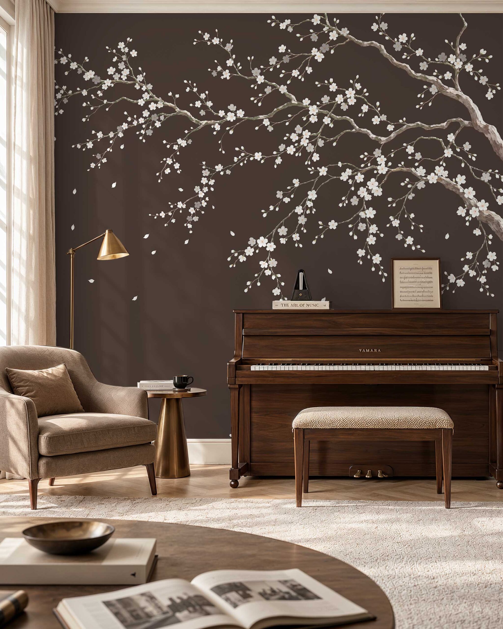 Ivory Sakura cherry blossom wallpaper mural in an elegant neutral interior4