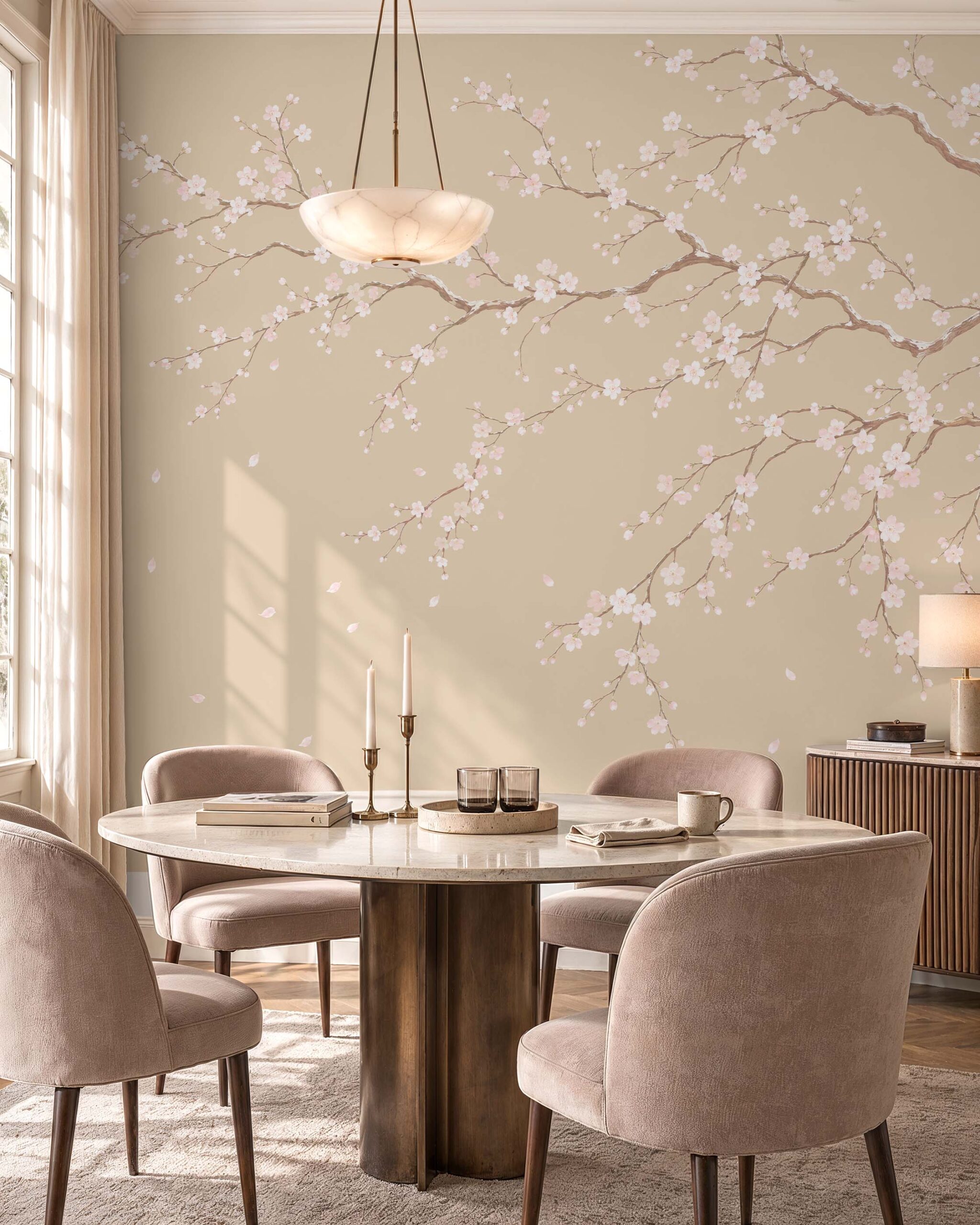 Ivory Sakura cherry blossom wallpaper mural in an elegant neutral interior5