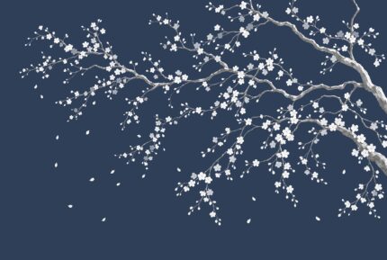 Ivory Sakura cherry blossom wallpaper mural with white blossoms on sculptural branches H