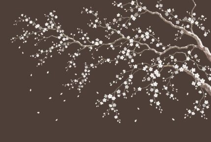 Ivory Sakura cherry blossom wallpaper mural with white blossoms on sculptural branches I