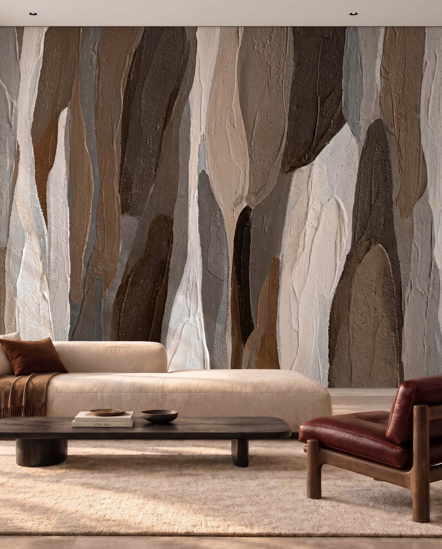 Pigment Strata textured abstract wallpaper mural in a contemporary interior 1