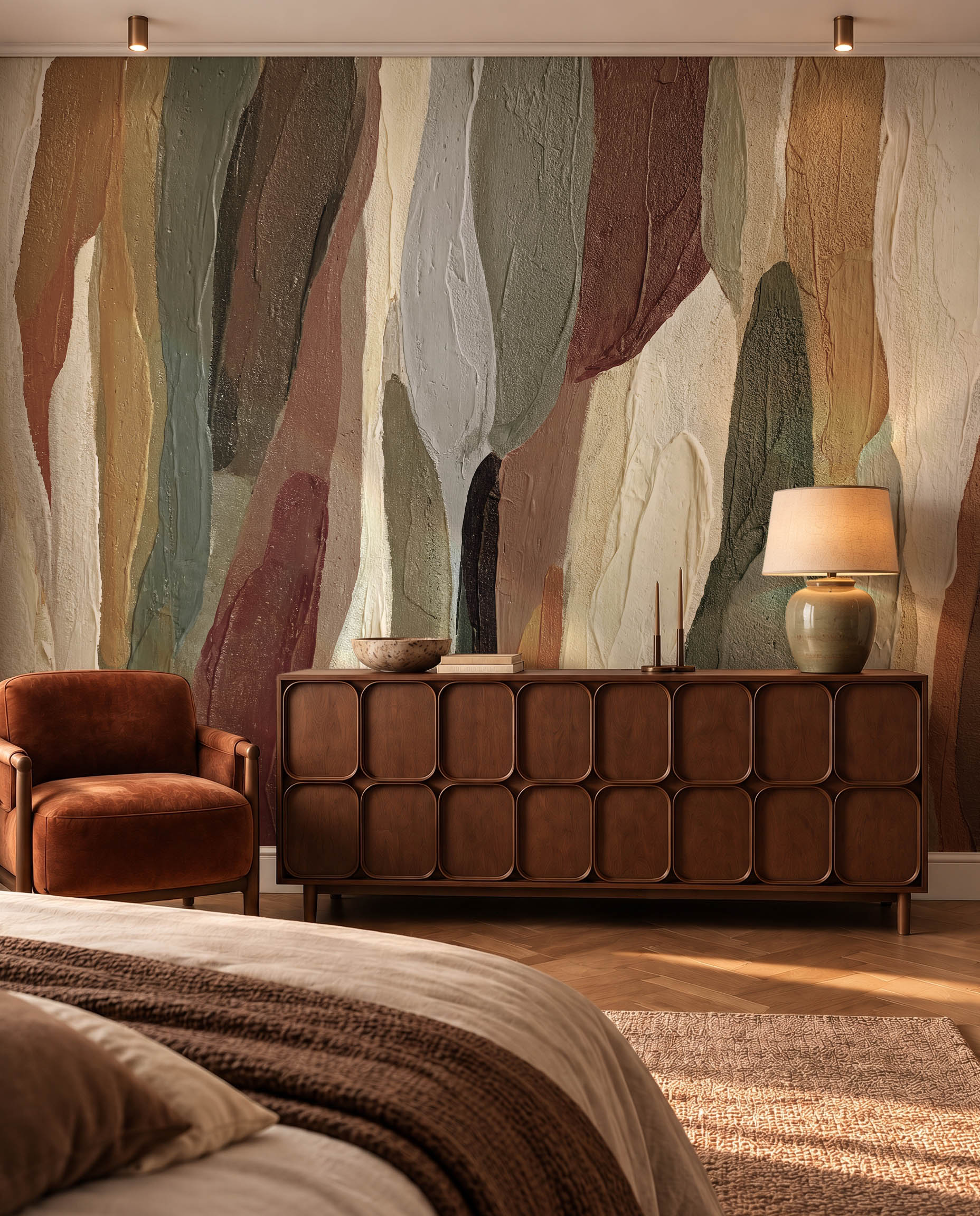 Pigment Strata textured abstract wallpaper mural in a contemporary interior 3