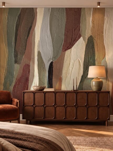 Pigment Strata textured abstract wallpaper with blue plum and neutral brushstrokes