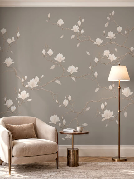 Porcelain Bloom magnolia wallpaper with ivory flowers and elegant branches