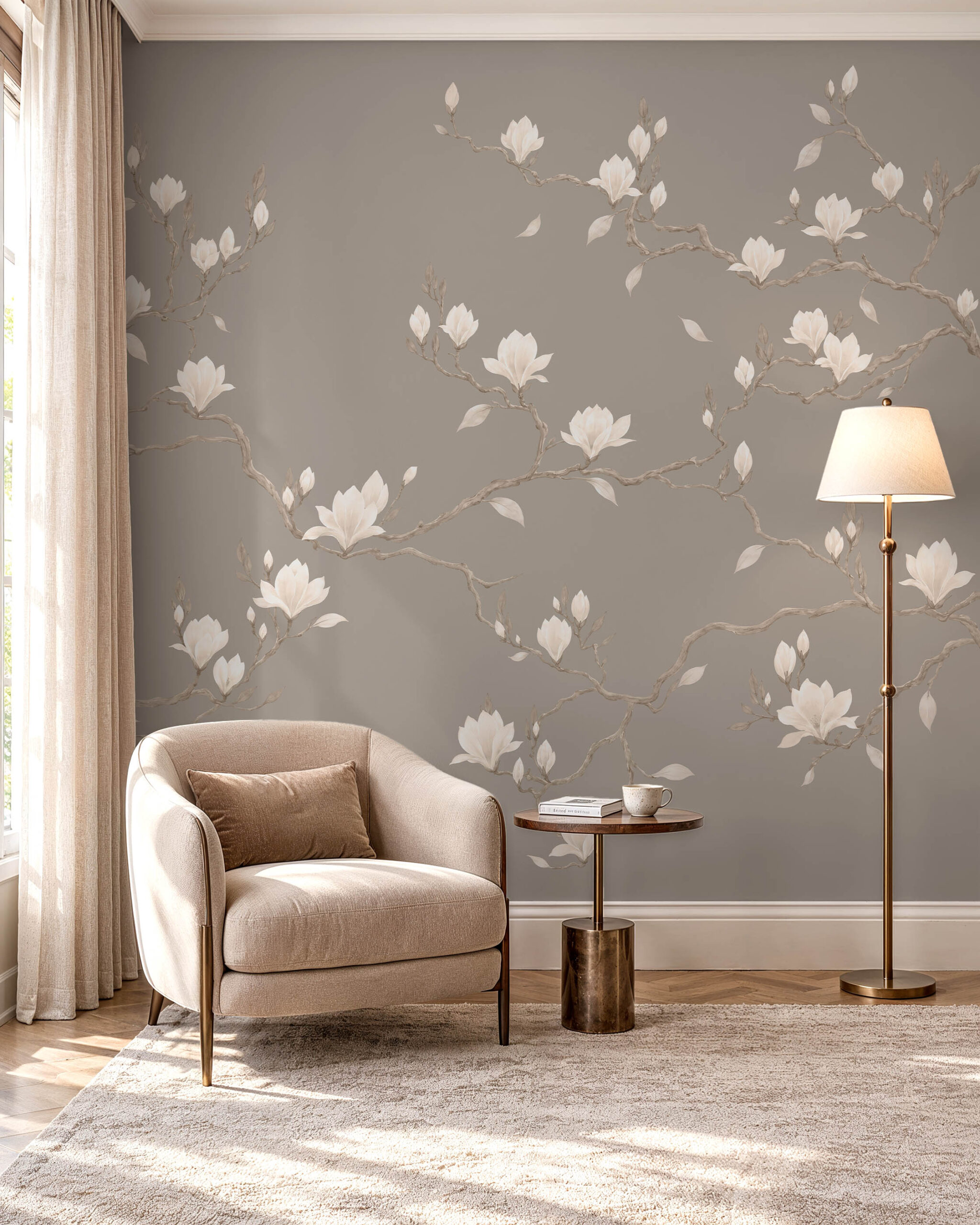 Porcelain Bloom neutral magnolia wallpaper mural in an elegant contemporary interior 1