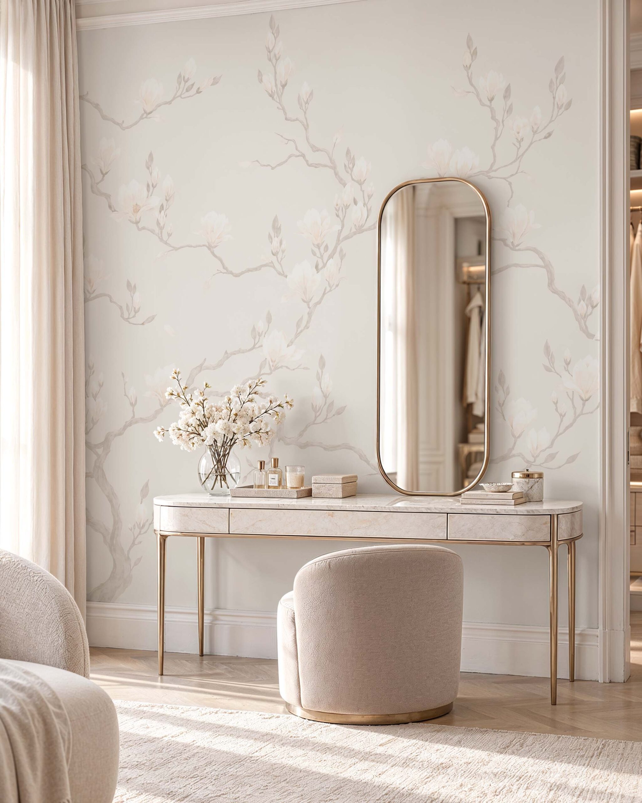 Porcelain Bloom neutral magnolia wallpaper mural in an elegant contemporary interior 2
