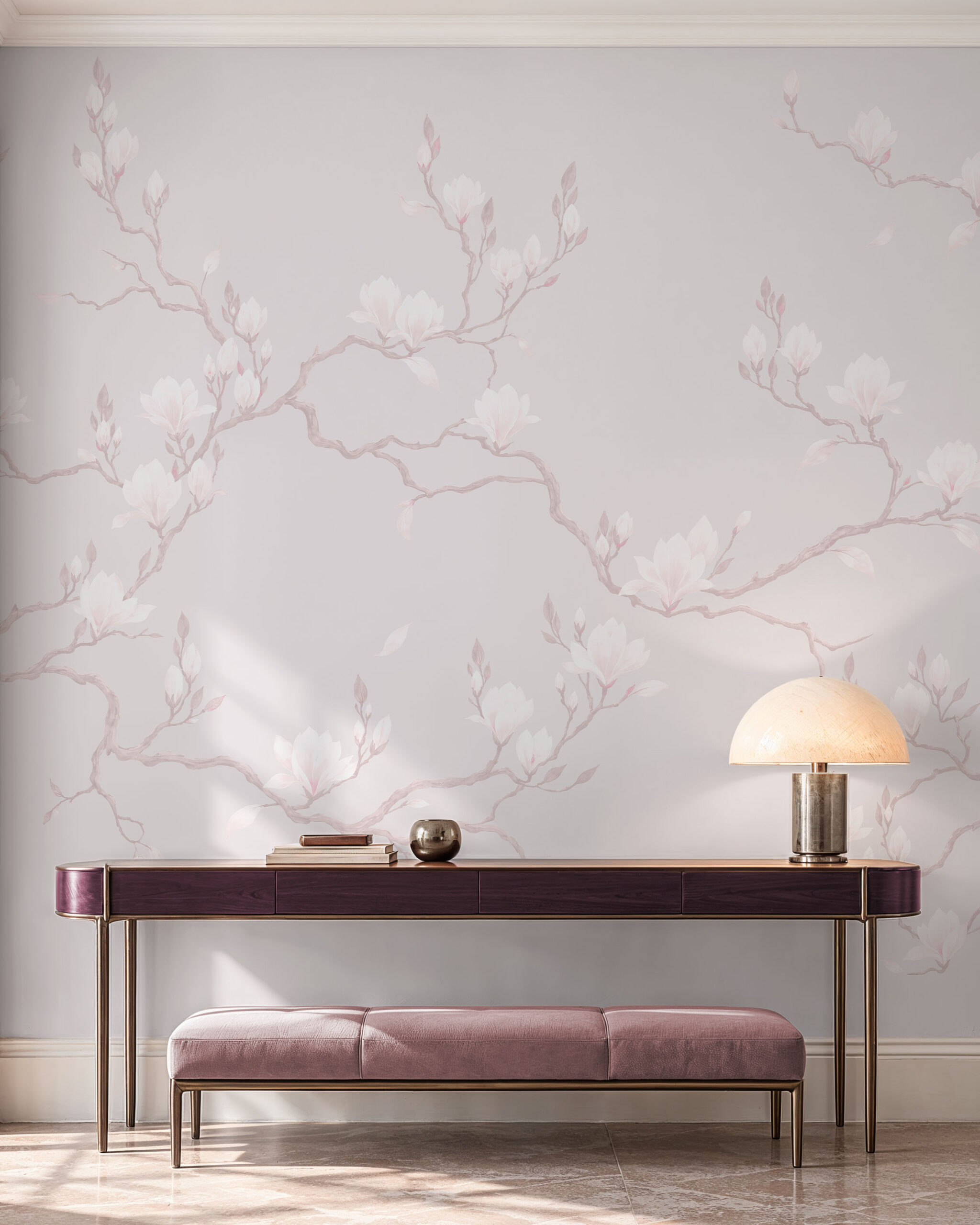 Porcelain Bloom neutral magnolia wallpaper mural in an elegant contemporary interior 3