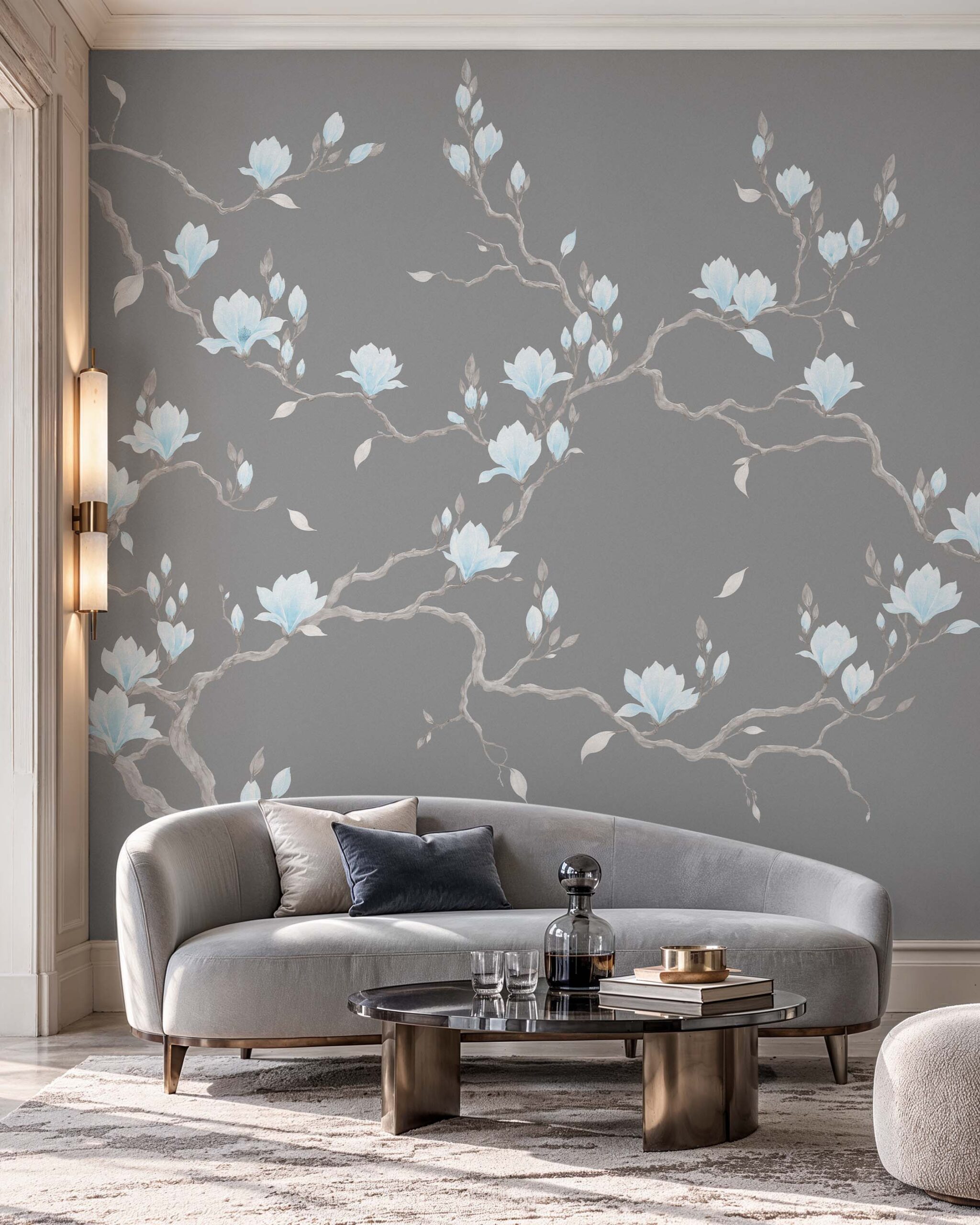 Porcelain Bloom neutral magnolia wallpaper mural in an elegant contemporary interior 4