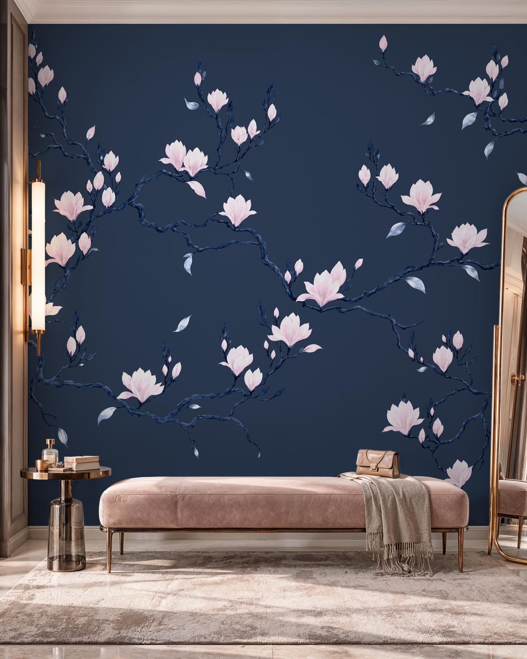 Porcelain Bloom neutral magnolia wallpaper mural in an elegant contemporary interior 5