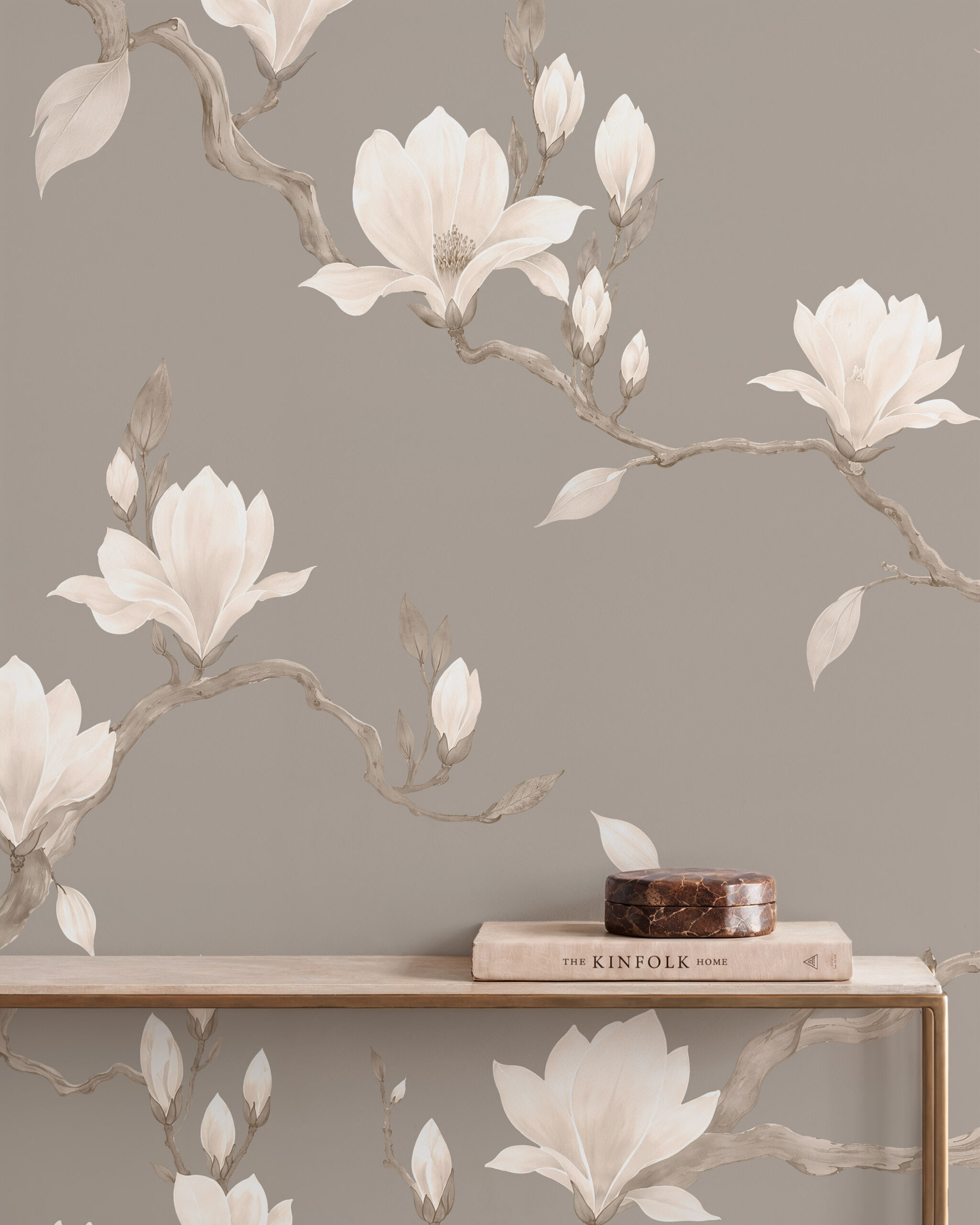 Porcelain Bloom neutral magnolia wallpaper mural in an elegant contemporary interior 6