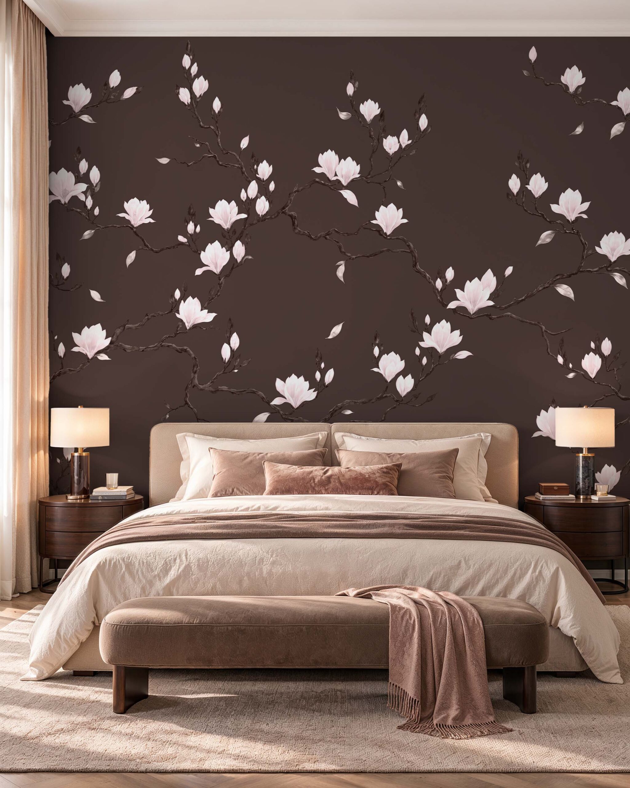 Porcelain Bloom neutral magnolia wallpaper mural in an elegant contemporary interior 7