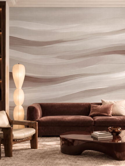 Silent Tides abstract wave wallpaper in soft blue and grey tones