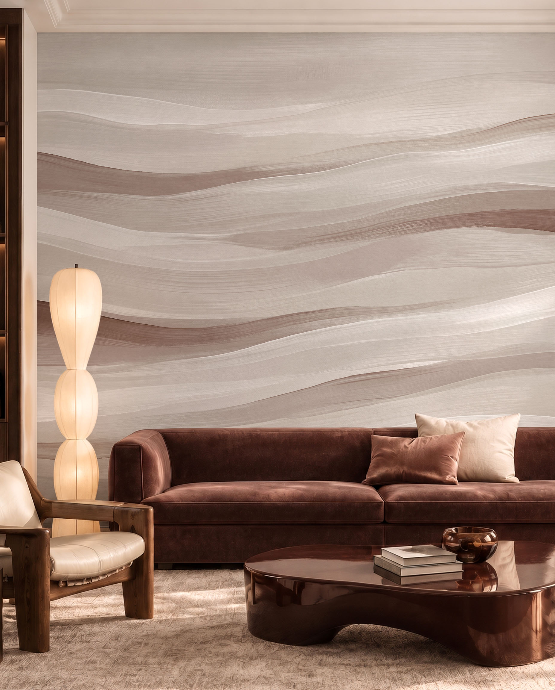 Silent Tides abstract wave wallpaper mural in a calm contemporary interior 1