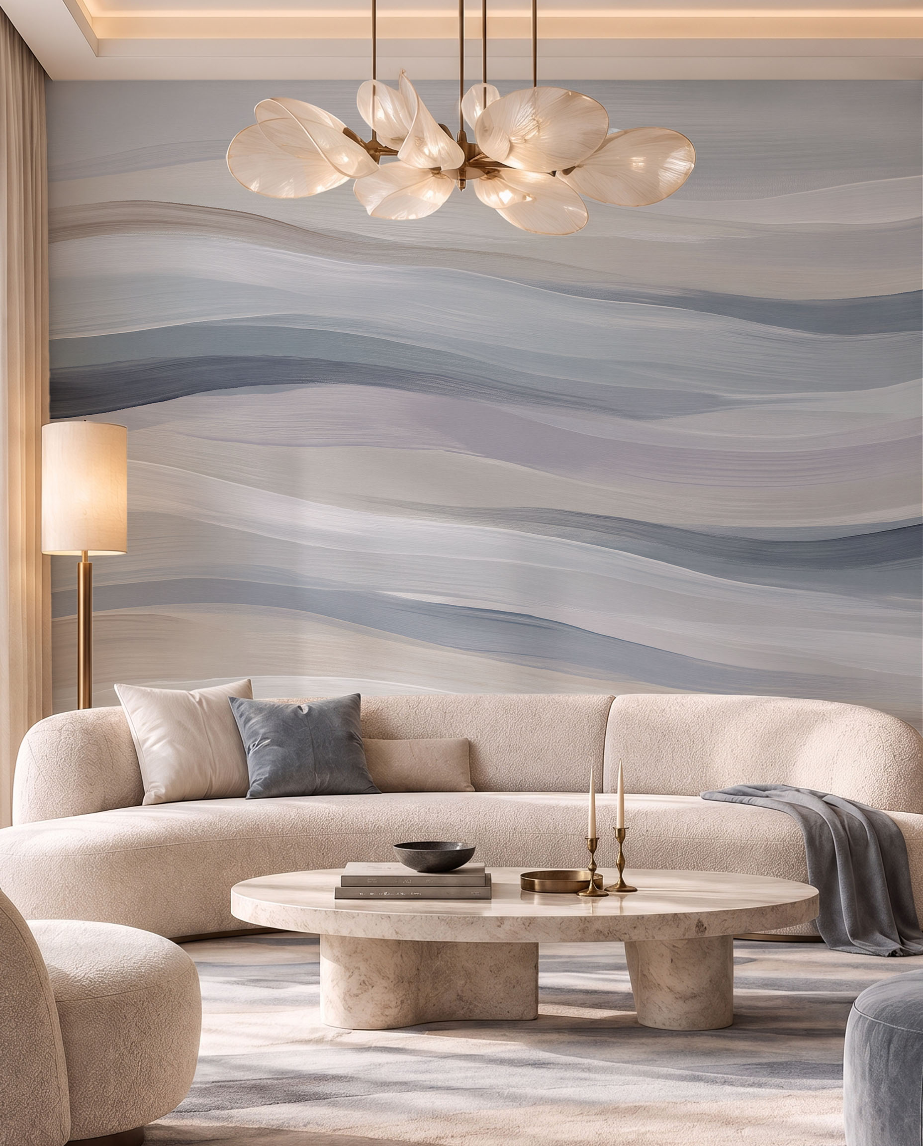 Silent Tides abstract wave wallpaper mural in a calm contemporary interior 2