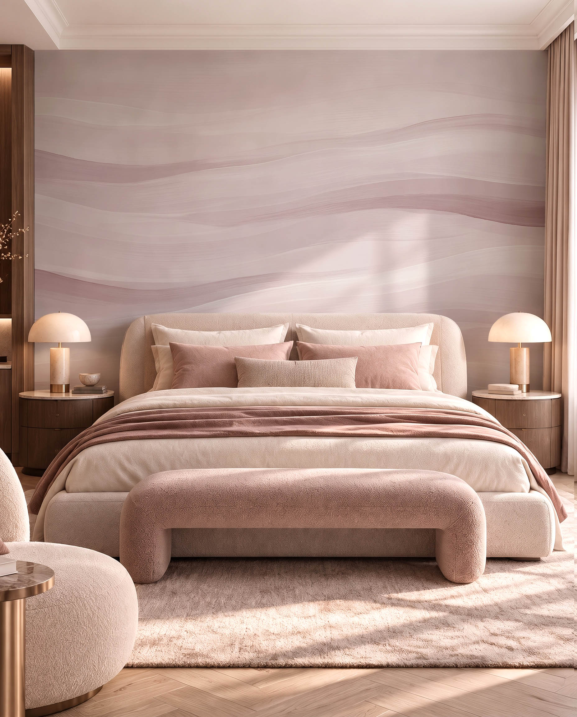 Silent Tides abstract wave wallpaper mural in a calm contemporary interior 3