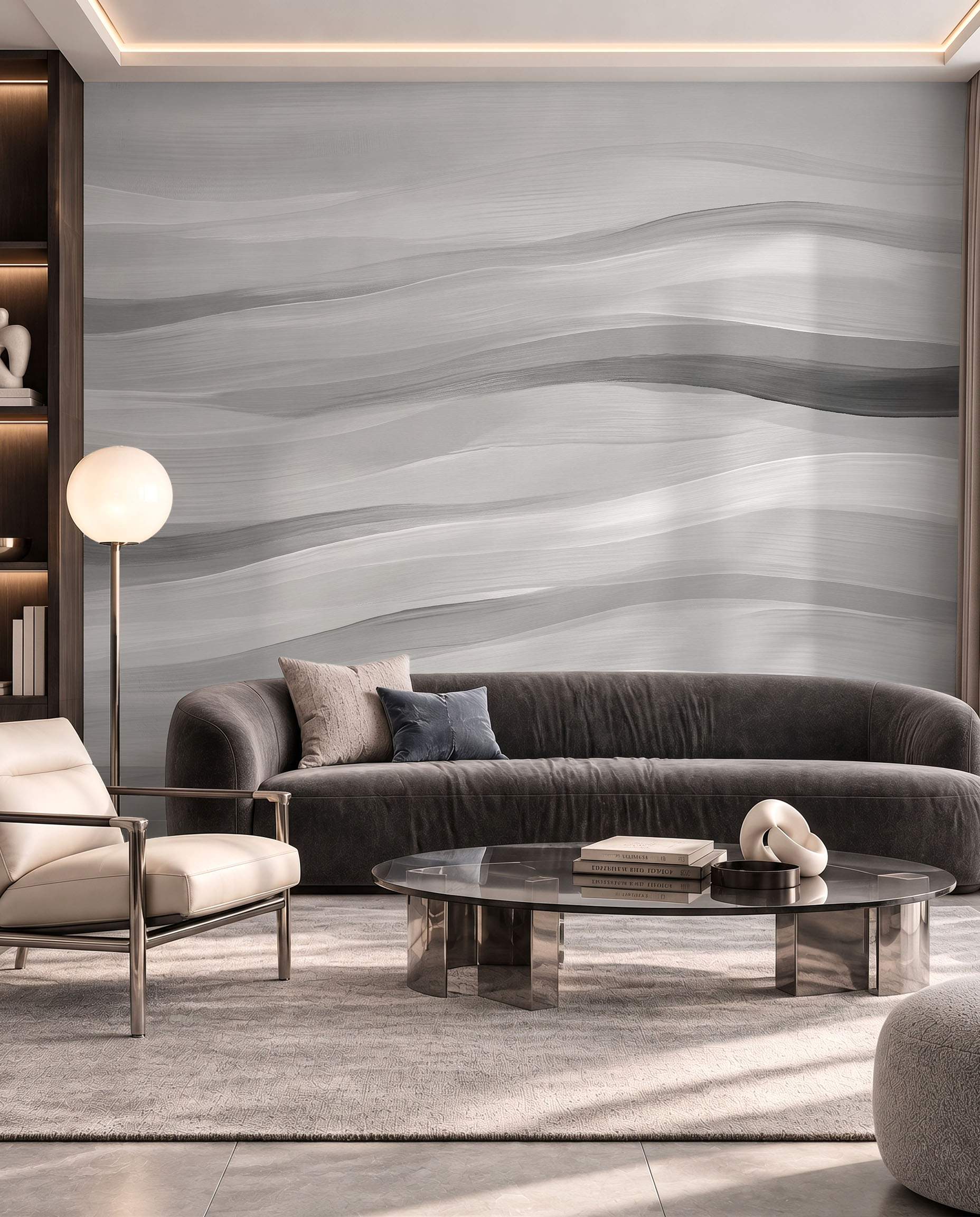 Silent Tides abstract wave wallpaper mural in a calm contemporary interior 4