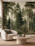 Sylvan Reverie vintage forest wallpaper with pine and birch trees