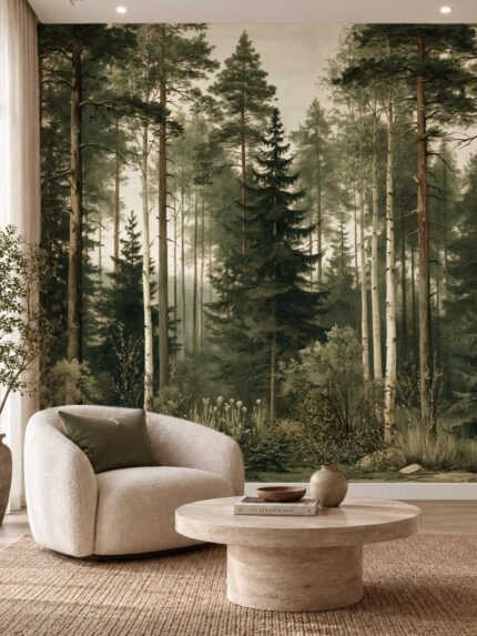 Sylvan Reverie vintage forest wallpaper with pine and birch trees
