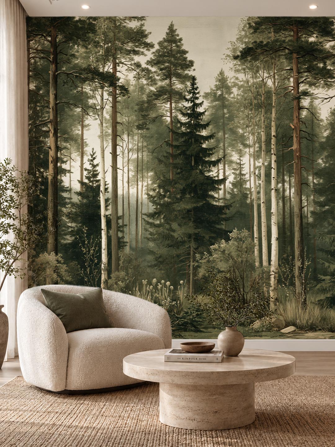 Sylvan Reverie vintage forest wallpaper with pine and birch trees