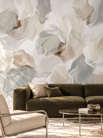 Veiled Petals abstract floral wallpaper in soft ivory beige and grey tones