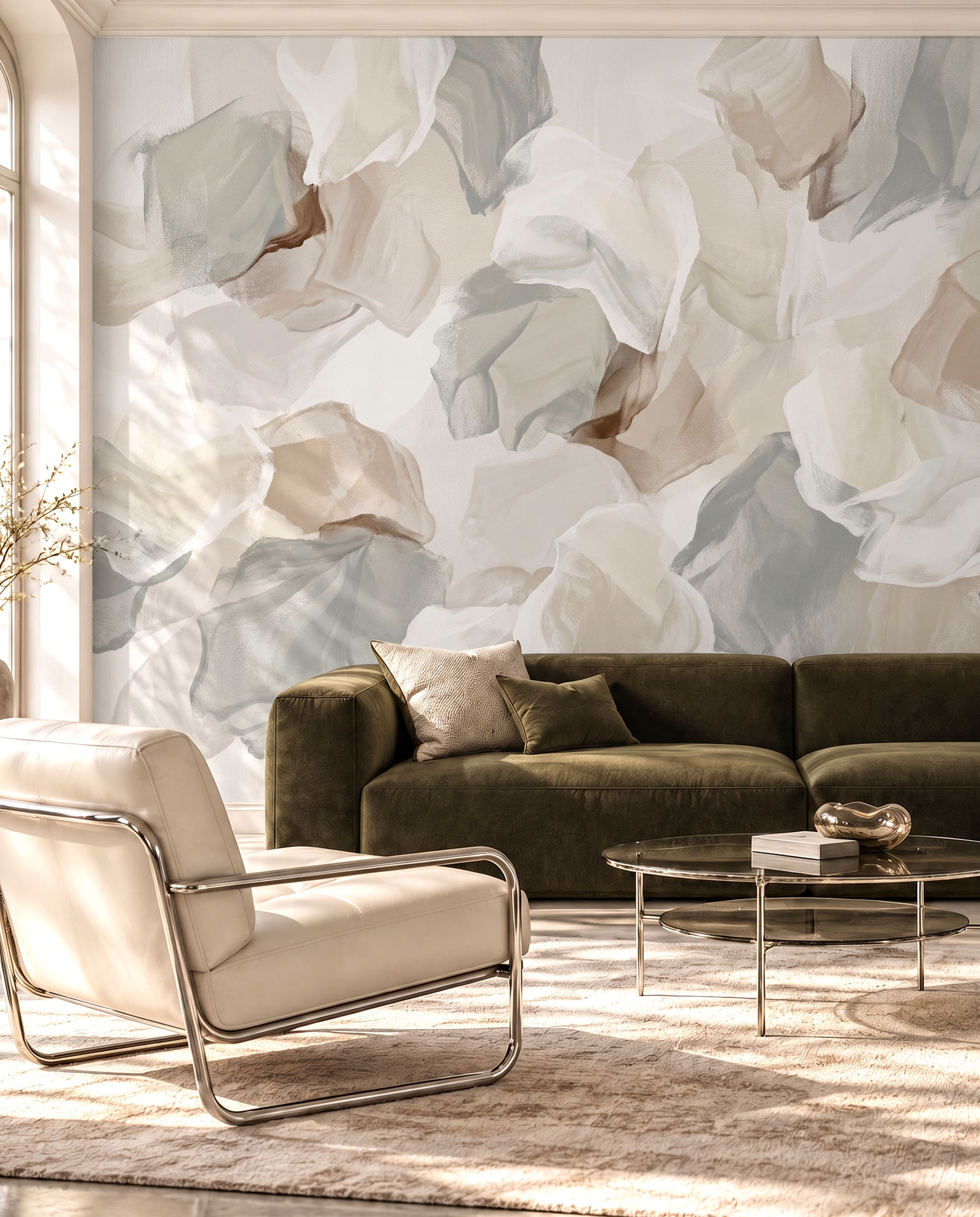 Veiled Petals neutral abstract floral wallpaper in an elegant contemporary interior 1