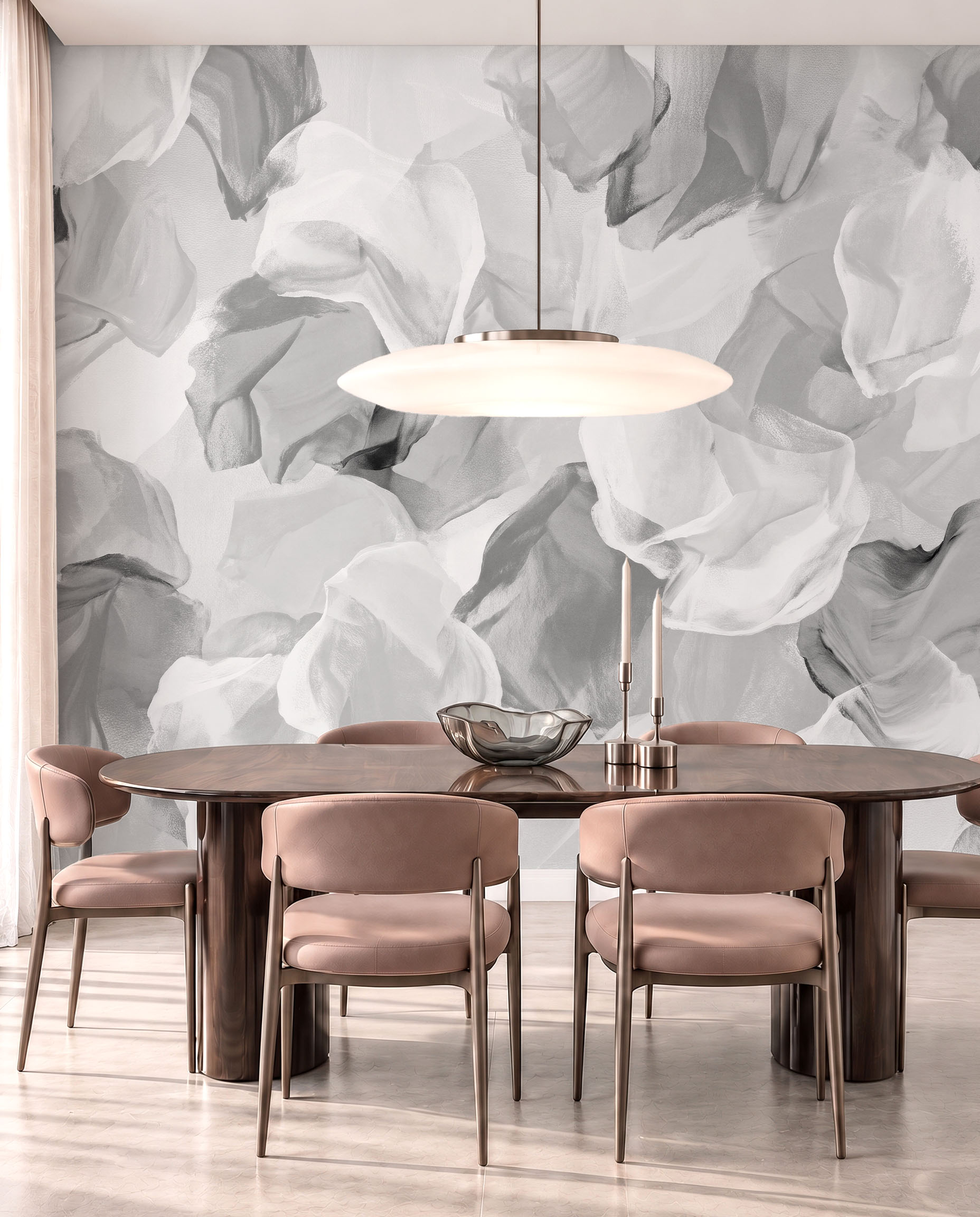 Veiled Petals neutral abstract floral wallpaper in an elegant contemporary interior 2