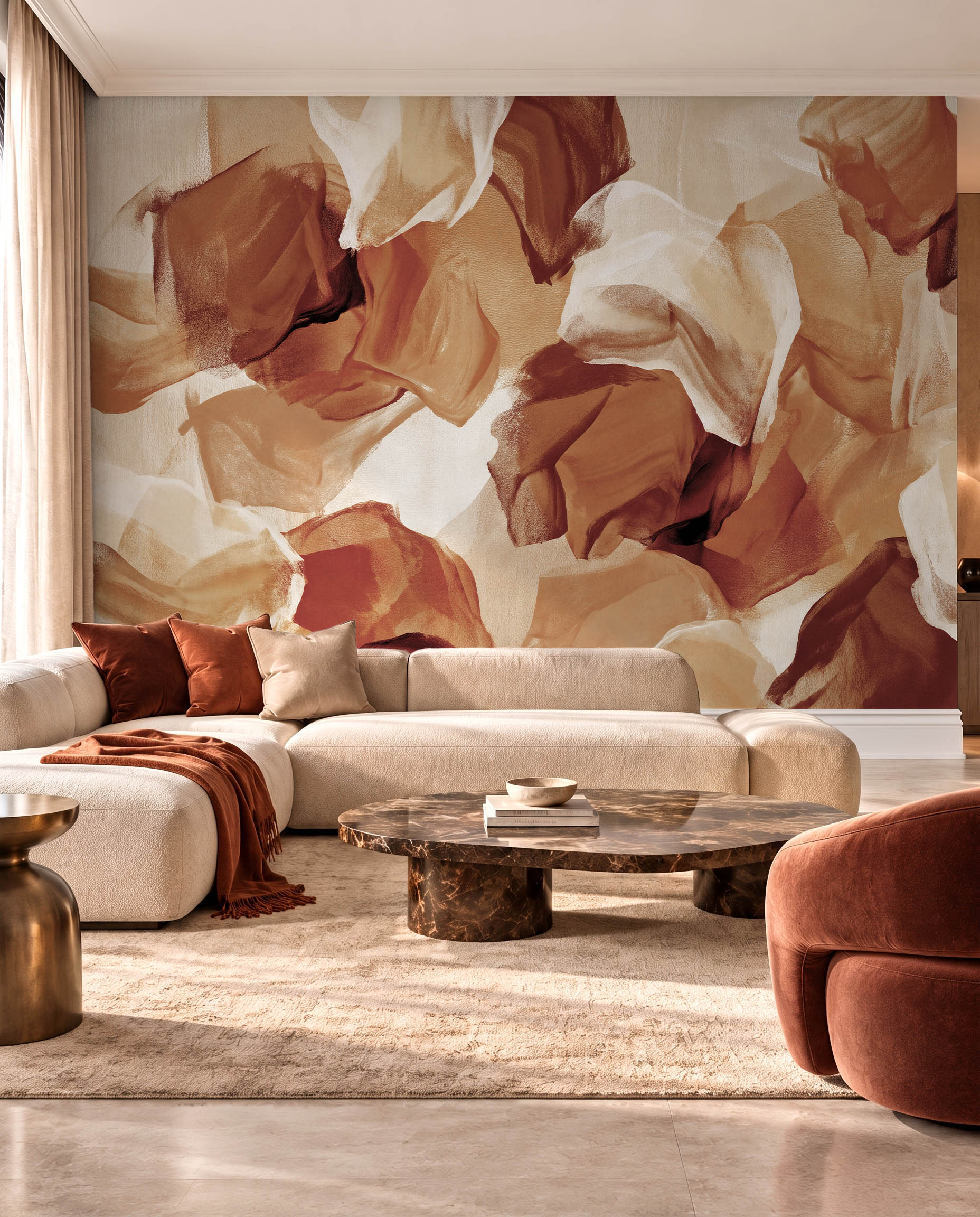 Veiled Petals neutral abstract floral wallpaper in an elegant contemporary interior 3