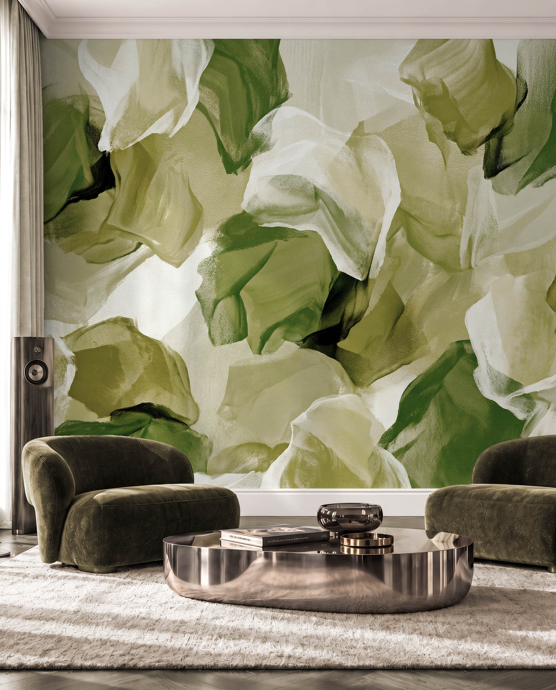 Veiled Petals neutral abstract floral wallpaper in an elegant contemporary interior 4