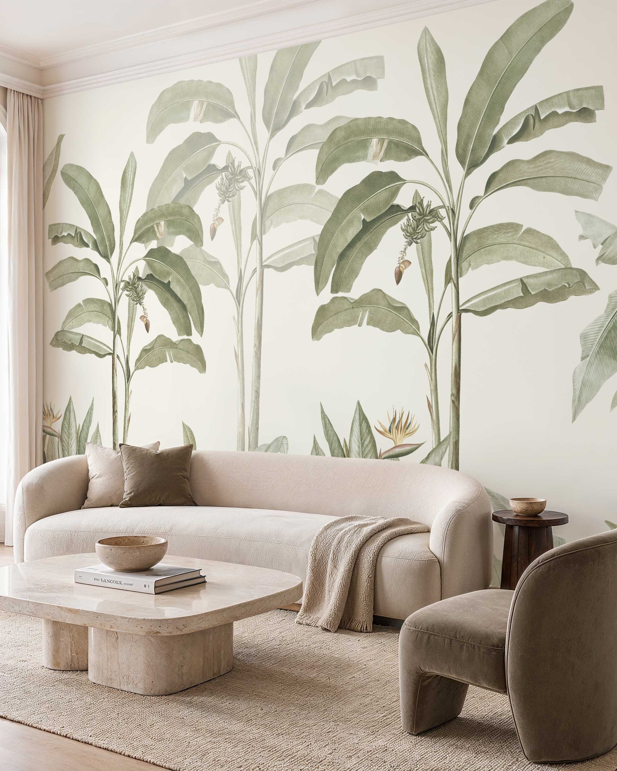 Verdant Canopy tropical botanical wallpaper in a calm contemporary interior 1