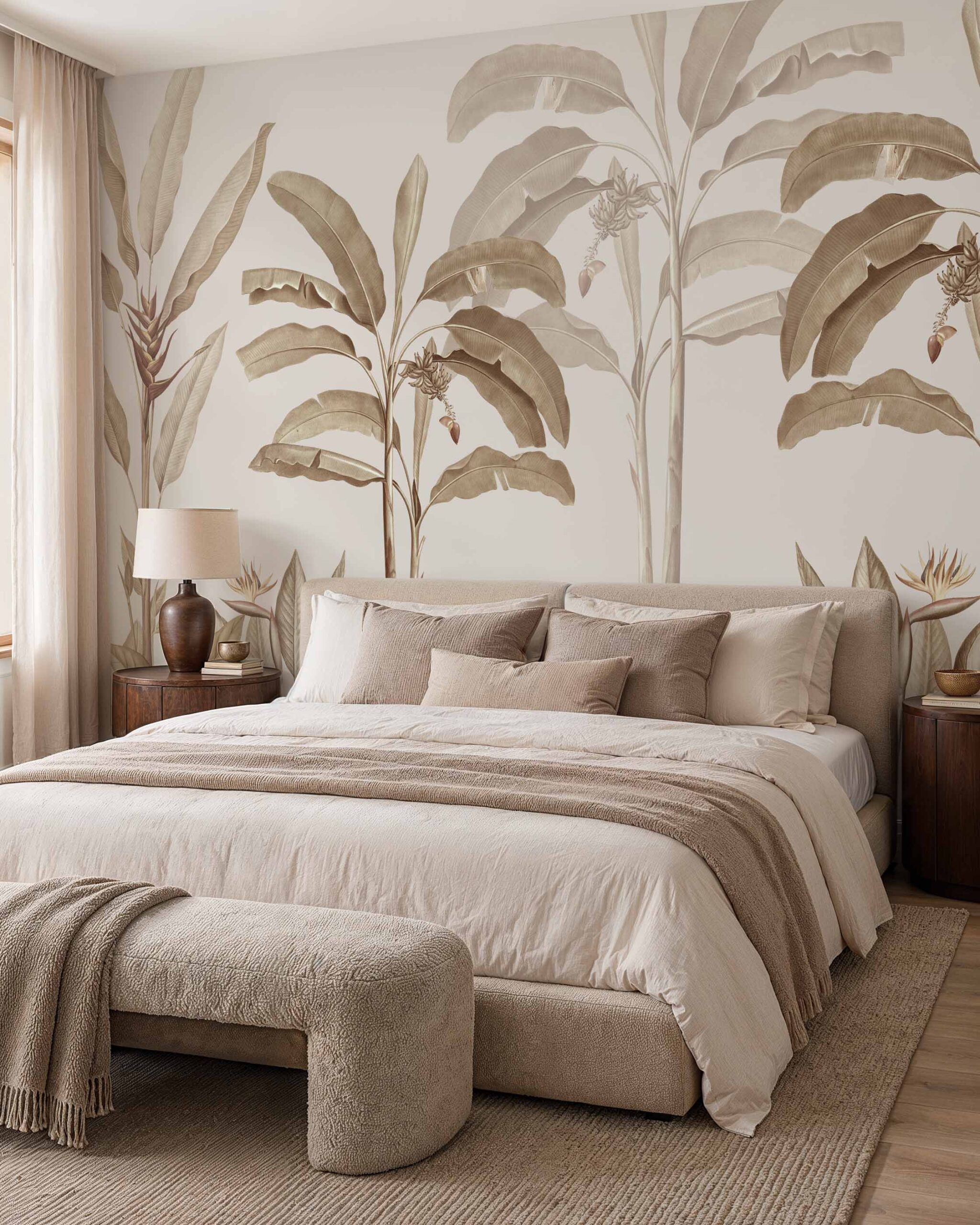 Verdant Canopy tropical botanical wallpaper in a calm contemporary interior 2